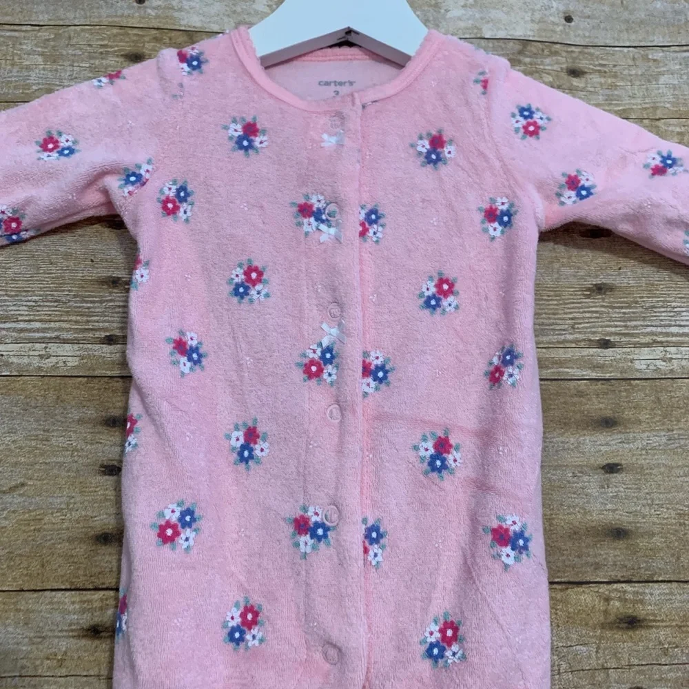Carters 3M pink footie snap up floral bows soft girly terry cloth warm new